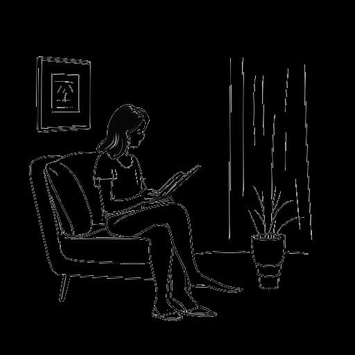 Strichzeichnung einer Frau, die Anna DeGuzman repräsentiert, die allein in einem Raum sitzt, ein Buch liest und einen zufriedenen Gesichtsausdruck hat.