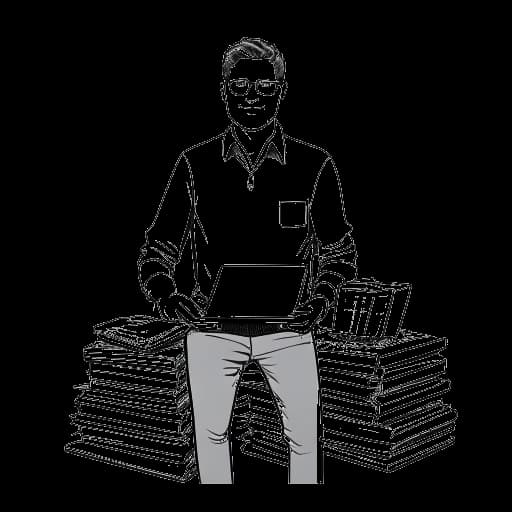 Strichzeichnung eines Mannes, der Jonathan Apelt repräsentiert. Er trägt legere Kleidung und hält einen Laptop. Geldstapel symbolisieren sein Vermögen. Der Hintergrund ist weiß.
