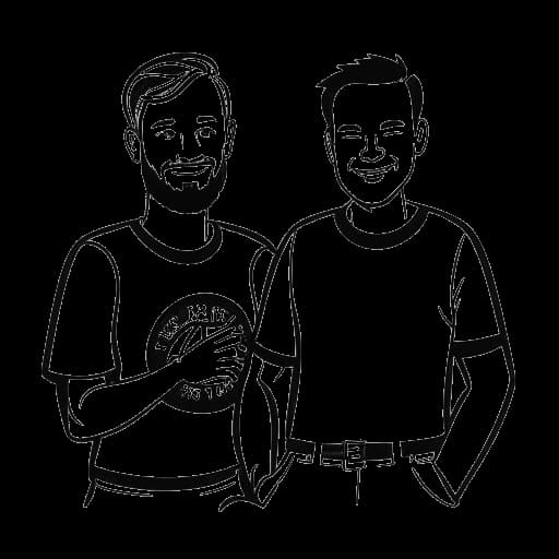 Strichzeichnung von zwei Männern, die Jonathan Apelt und seinen Bruder Jens darstellen, wobei Jens ein Kunstwerk hält und im Hintergrund das Logo der Friendly Fire Wohltätigkeitsorganisation zu sehen ist