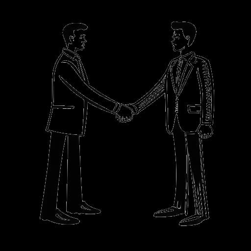 Strichzeichnung eines Mannes, der Jonathan Apelt darstellt, der mit einem Geschäftspartner Hände schüttelt, im Hintergrund ein Dokument, das eine Partnerschaftsvereinbarung darstellt