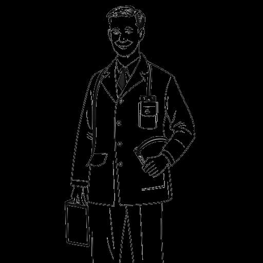 Strichzeichnung eines Mannes, der Jonathan Apelt darstellt, in Veterinäruniform, der eine Arzttasche hält, im Hintergrund eine Klinik