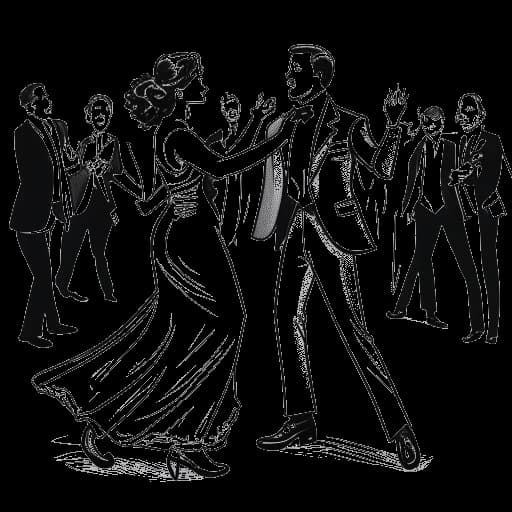 Strichzeichnung eines Mannes und einer Frau, die Jonathan Apelt und seine Frau darstellen, die bei ihrer Hochzeit tanzen, im Hintergrund spielt eine Band das Lied 'Himmelblau (Schalala)'