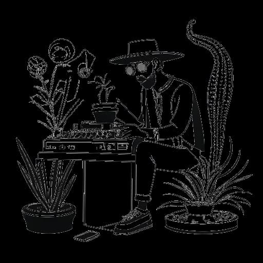 Desenho em linha de um homem elegante, representando Travis Scott, em uma mesa de mixagem, cercado por símbolos de tênis, um hambúrguer e música para capturar suas diversas empreitadas, com uma planta de cacto para sua gravadora, em um fundo branco.