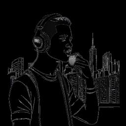 Ilustração de uma linha de um jovem homem, representando Travis Scott, com fones de ouvido e um microfone, simbolizando sua evolução de Nova York para Los Angeles, em um fundo branco.