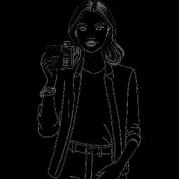 Line art drawing of a woman, representing Camilla Araujo, confidently posing in stylish attire with social media icons and a camera surrounding her, against a white backdrop.
