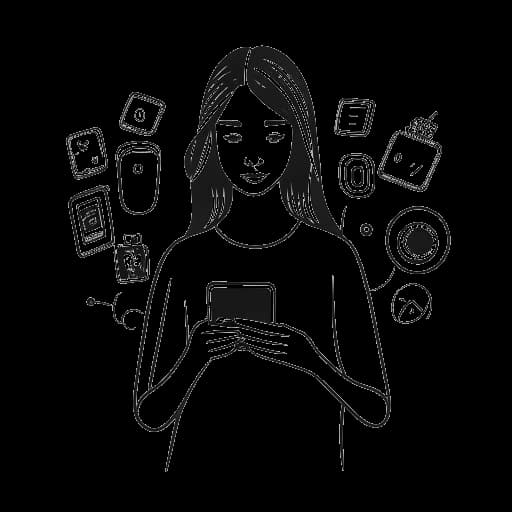 Dessin en noir et blanc d'une femme, représentant Camilla Araujo, tenant plusieurs smartphones avec différents logos de réseaux sociaux