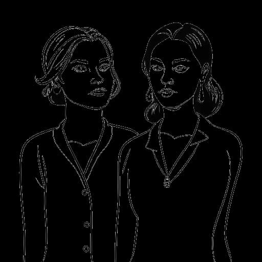 Dessin en noir et blanc d'une femme, représentant Camilla Araujo, debout à côté d'une autre femme avec une expression sévère