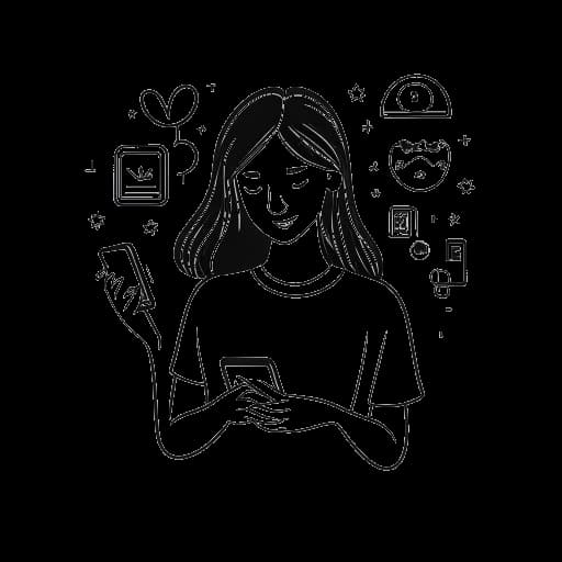 Dessin en noir et blanc d'une femme, représentant Camilla Araujo, tenant un smartphone avec plusieurs logos de réseaux sociaux