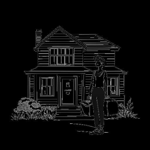 Dessin en noir et blanc d'une femme, représentant Camilla Araujo, debout à l'extérieur d'une maison avec une valise