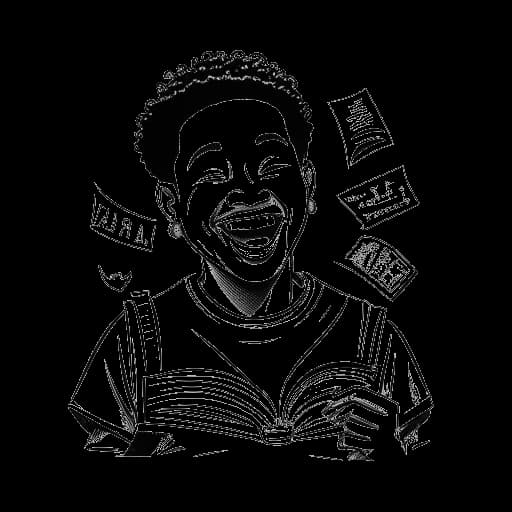 Dibujo de línea de un joven que representa a Matt Rife, riendo mientras sostiene un guion de comedia, con símbolos de 'Wild 'n Out,' 'Brooklyn Nine-Nine' y 'Fresh Off the Boat' detrás de él, todo sobre un fondo blanco.