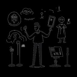 Dibujo de línea de un hombre que representa a Matt Rife, de pie con confianza en el escenario con un micrófono, acompañado de una claqueta de cine y de imágenes de fantasmas para sus películas y actividades paranormales, con iconos de redes sociales que simbolizan su éxito en línea, todo sobre un fondo blanco.