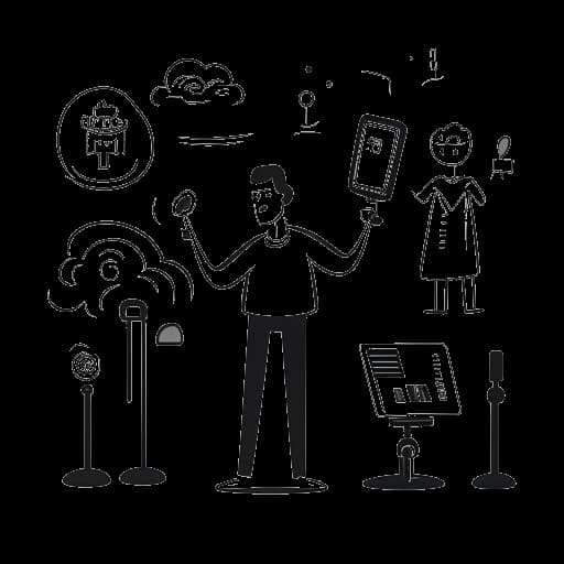 Dibujo de línea de un hombre que representa a Matt Rife, de pie con confianza en el escenario con un micrófono, acompañado de una claqueta de cine y de imágenes de fantasmas para sus películas y actividades paranormales, con iconos de redes sociales que simbolizan su éxito en línea, todo sobre un fondo blanco.