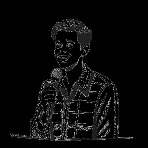 Desenho em linha de um jovem, representando Matt Rife, fazendo comédia em um cenário de programa de TV