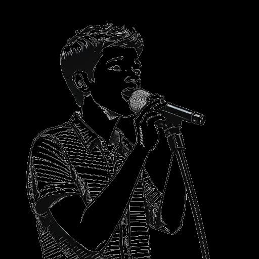 Desenho em linha de um adolescente, representando Matt Rife, segurando um microfone no palco