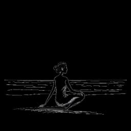Desenho de arte de uma mulher, representando Emily Feld, em uma pose de yoga em um ambiente tranquilo de praia.