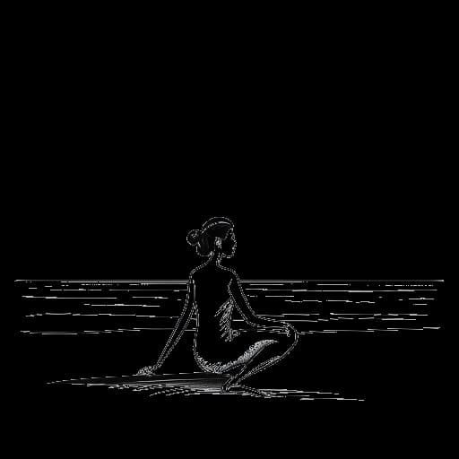 Desenho de arte de uma mulher, representando Emily Feld, em uma pose de yoga em um ambiente tranquilo de praia.