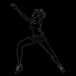Desenho de arte de uma mulher, representando Emily Feld, em uma pose de cheerleading dinâmica.