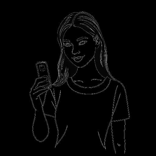 Dibujo de arte lineal de una mujer joven, representando a Emily Feld, sosteniendo un teléfono inteligente con el logotipo de Instagram visible en la pantalla