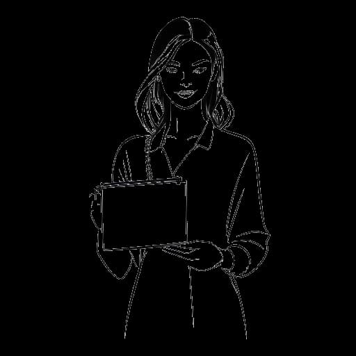 Dibujo de arte lineal de una mujer joven, representando a Emily Feld, sosteniendo un portafolio de modelo