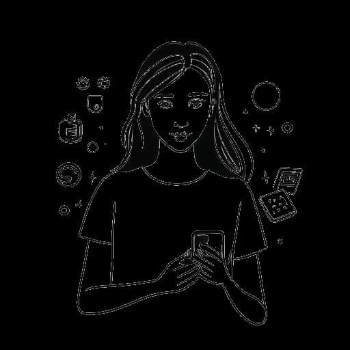 Dibujo de arte lineal de una mujer joven, representando a Emily Feld, sosteniendo un teléfono inteligente con varios logotipos de redes sociales visibles en la pantalla