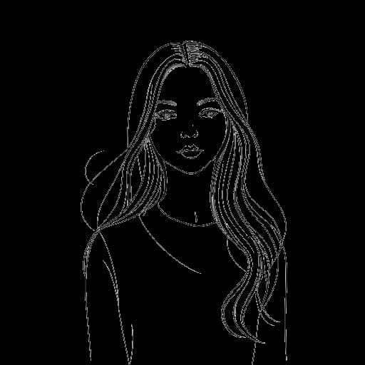 Dibujo de arte lineal de una niña joven, representando a Emily Feld, con el pelo largo en una pose de modelo