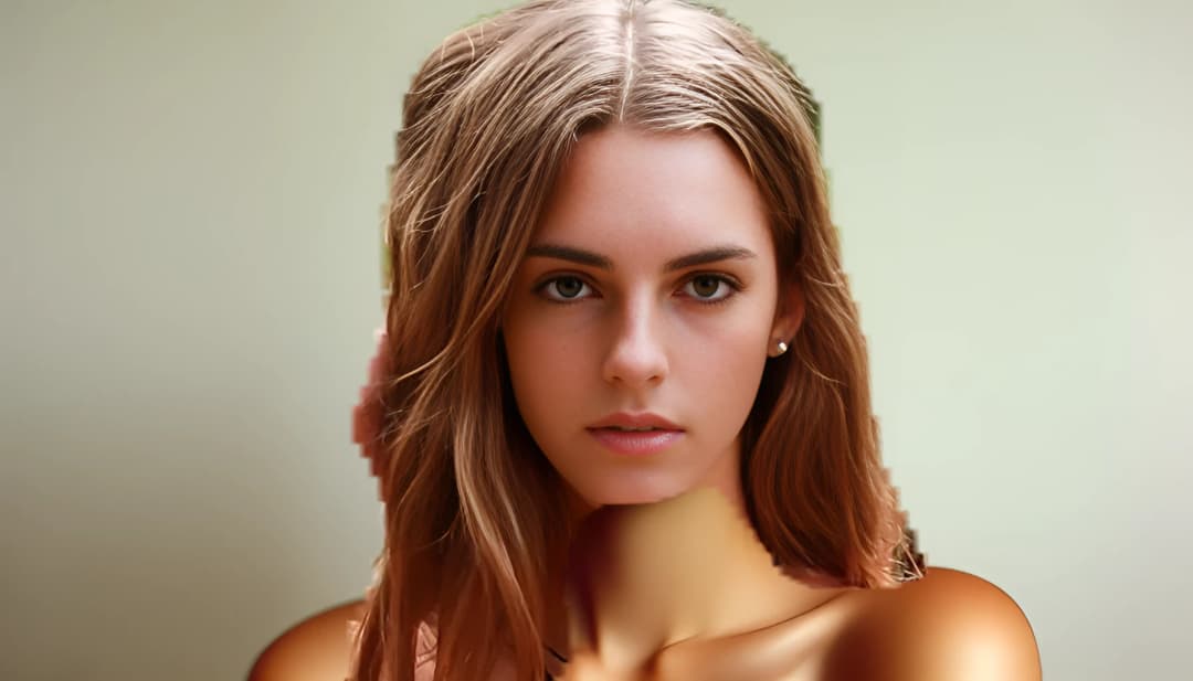 Emily Feld posiert selbstbewusst, ihr Blick ist direkt auf den Betrachter gerichtet, während ein minimalistischer Hintergrund ihre Modellexpertise unterstreicht.
