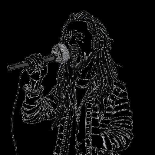 Disegno a linee di un uomo di circa 40 anni, rappresentante Steve Aoki, con capelli a spazzola e un outfit alla moda. Tiene un microfono in una mano e attrezzature da DJ nell'altra, simboleggiando la sua carriera di DJ e musicista. L'immagine è ambientata su sfondo bianco.