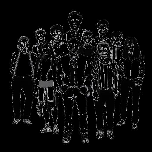 Disegno in stile line art di un uomo, rappresentante Steve Aoki, in piedi con un gruppo di persone diverse, inclusi BTS, Bill Nye e blink-182