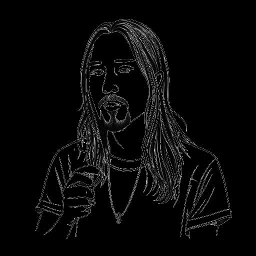 Disegno in stile line art di un giovane uomo, rappresentante Steve Aoki, che organizza un concerto fai-da-te a Isla Vista, California
