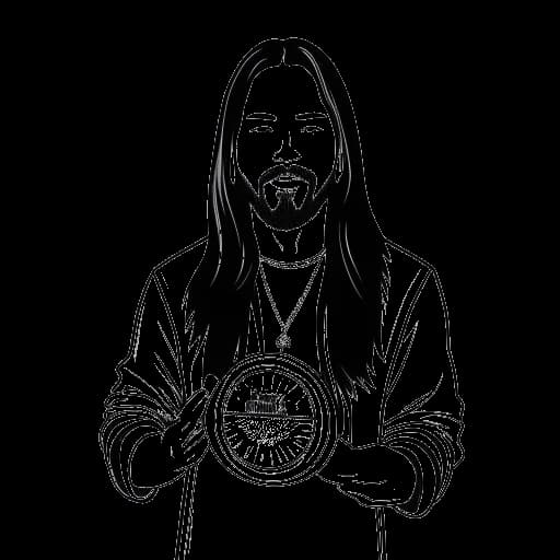 Disegno in stile line art di un uomo, rappresentante Steve Aoki, che tiene premi per DJ
