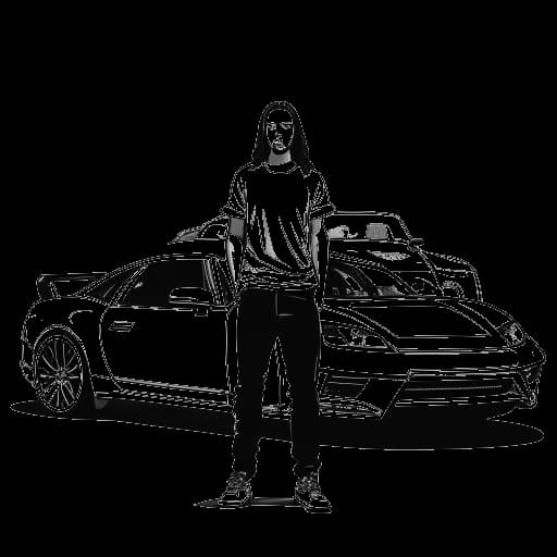 Disegno in stile line art di un uomo, rappresentante Steve Aoki, che sta con le auto della serie 'The Fast and the Furious' franchise