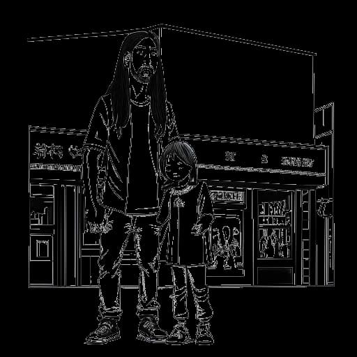 Disegno in stile line art di un uomo e un bambino, rappresentanti Steve Aoki e suo padre, davanti a un ristorante Benihana