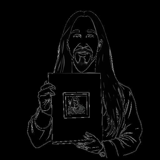 Disegno in stile line art di un uomo, rappresentante Steve Aoki, che tiene in mano un certificato di nomination ai Grammy per il suo album 'Wonderland'