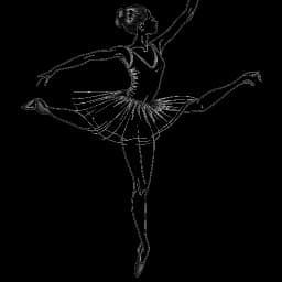 Line art drawing of a young ballerina, representing Caroline Konstnar, gracefully executing a mid-air leap in her tutu and pointe shoes.