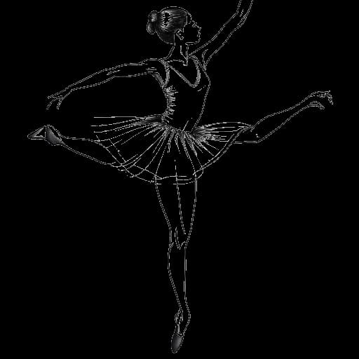 Line art drawing of a young ballerina, representing Caroline Konstnar, gracefully executing a mid-air leap in her tutu and pointe shoes.