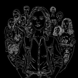 Line art drawing of Caroline Konstnar, standing confidently, surrounded by expressive illustrations representing her identity and personal challenges.