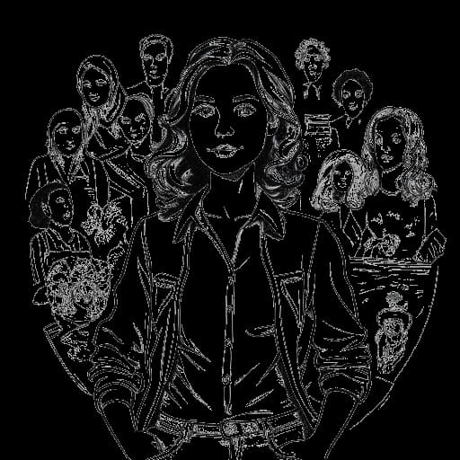 Line art drawing of Caroline Konstnar, standing confidently, surrounded by expressive illustrations representing her identity and personal challenges.