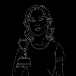 Line art drawing of Caroline Konstnar, with an exaggerated facial expression, holding a YouTube play button trophy.