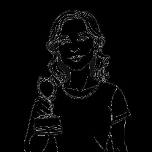 Line art drawing of Caroline Konstnar, with an exaggerated facial expression, holding a YouTube play button trophy.