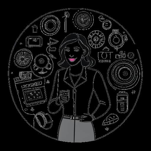 Dibujo de línea de una mujer, representando a Caroline Konstnar, sosteniendo un micrófono, parada frente a un botón de reproducción de YouTube y un rollo de película. El fondo presenta símbolos de negocios e inversión, reflejando sus emprendimientos empresariales y cartera financiera, todo contra un fondo blanco.