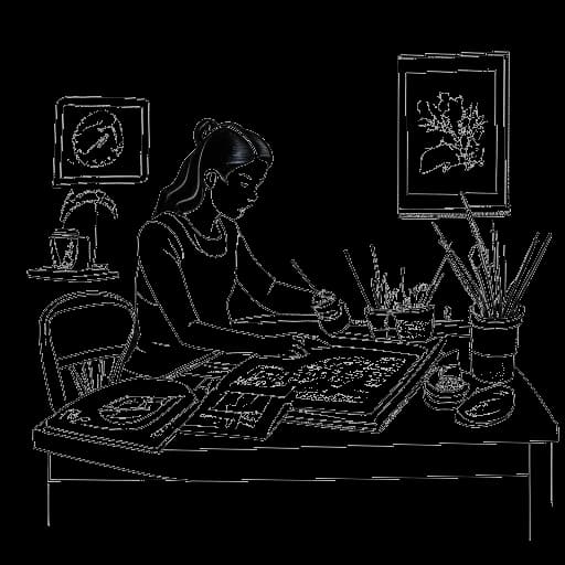 Dibujo de línea de Caroline Konstnar trabajando en una ilustración