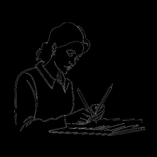 Dibujo de línea de Caroline Konstnar, firmando un documento para cambiar su apellido a 'Konstnar'