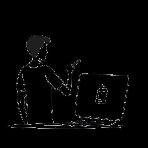 Strichzeichnung eines Mannes, der Julien Bam repräsentiert, der vor einem Laptop steht, auf dem sein YouTube-Kanal gezeigt wird, neben einem Mikrofon, das mit seiner Podcast-Erfahrung verbunden ist, und einer Haarspray-Dose, die auf sein unternehmerisches Engagement hinweist, alles vor einem weißen Hintergrund.