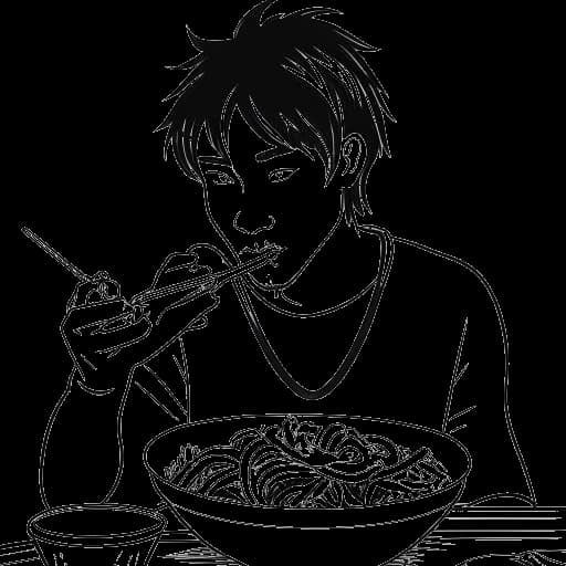 Strichzeichnung von Julien Bam, der mit Essstäbchen verschiedene Arten von Lebensmitteln isst und seine eigenartige Angewohnheit zeigt