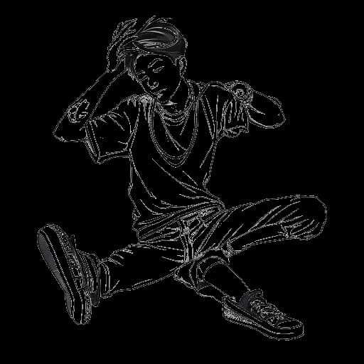 Strichzeichnung von Julien Bam, der an mehreren Hobbys teilnimmt, einschließlich Breakdancing, Fotografie und Zeichnen