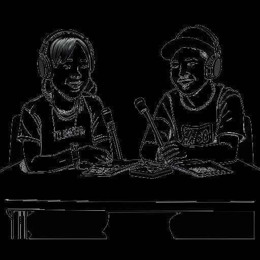 Strichzeichnung von Julien Bam und Rezo, die an einem Tisch mit Mikrofonen sitzen und ihren Podcast 'Hobbylos' repräsentieren