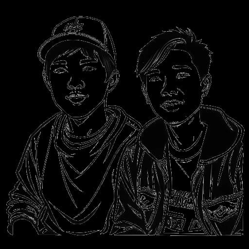 Strichzeichnung von Julien Bam und seinem Bruder Shawn Bu auf einem Filmset, wobei das Netflix-Logo im Hintergrund angezeigt wird