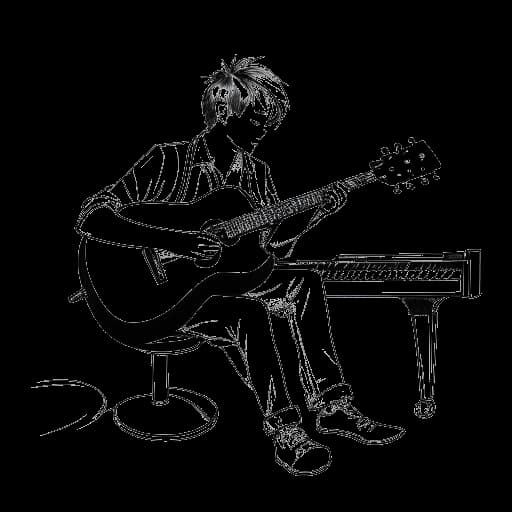 Strichzeichnung von Julien Bam, der Gitarre, Klavier und Geige spielt und seine musikalischen Talente zeigt