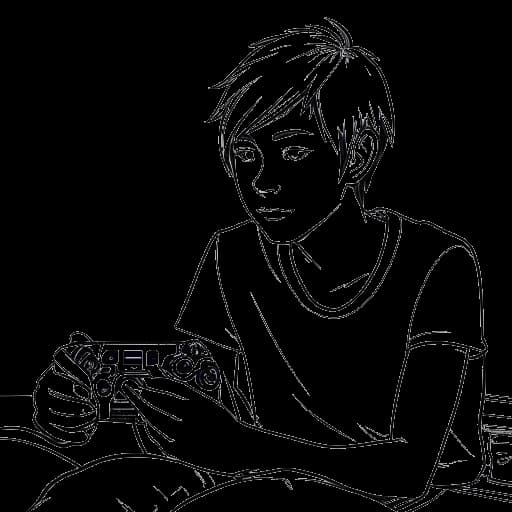 Strichzeichnung von Julien Bam beim Videospiele spielen, mit einem Controller in der Hand und einem Fernseher, der das Spiel zeigt