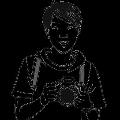 Strichzeichnung von Julien Bam mit einer Videokamera, wobei ein Laptop seinen YouTube-Kanal zeigt und seine erfolgreiche Online-Präsenz repräsentiert